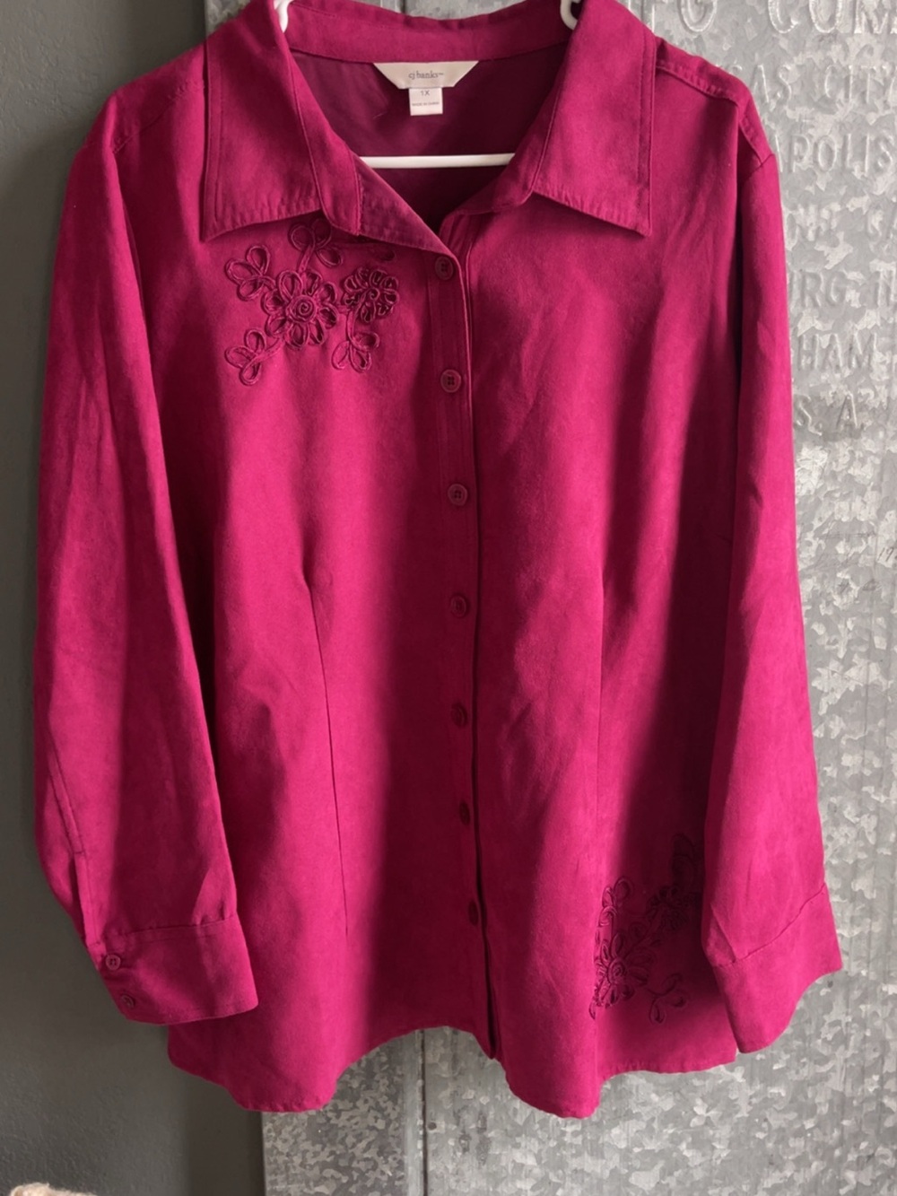 CJ Banks Fuchsia Embroidered Button-Down Shirt